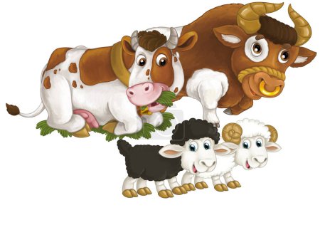 Foto de Escena de dibujos animados con granja feliz vaca animal y bul y dos ovejas divirtiéndose juntos ilustración aislada para niños - Imagen libre de derechos