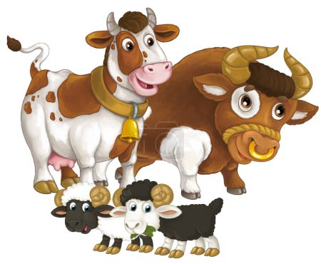 Téléchargez les photos : Scène de dessin animé avec vache animal ferme heureuse et bul et deux moutons s'amuser ensemble illustration isolée pour les enfants - en image libre de droit