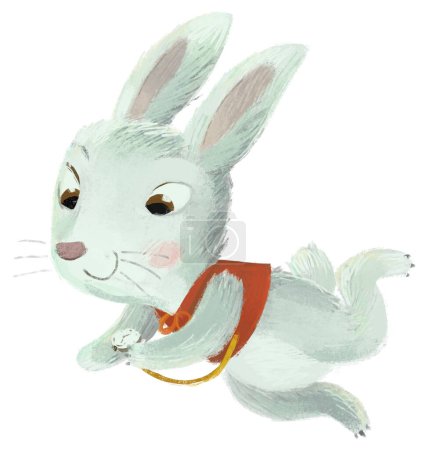 Téléchargez les photos : Caricature lapin courant à la hâte avec horloge dans sa patte à la main illustration isolée pour les enfants - en image libre de droit