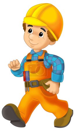 Photo for Cartoon construction worker in some additional safety cover standing in front of steel beam isolated illustration for children - Royalty Free Image