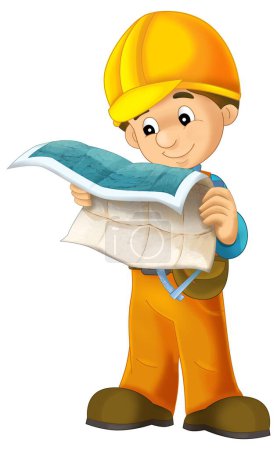 Photo for Cartoon construction worker in some additional safety cover standing in front of steel beam isolated illustration for kids - Royalty Free Image