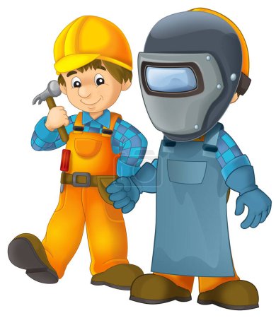 Photo for Cartoon construction worker in some additional safety cover standing isolated illustration for children - Royalty Free Image