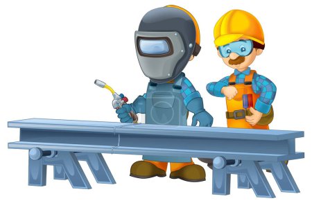 Photo for Cartoon construction worker in some additional safety cover standing in front of steel beam isolated illustration for children - Royalty Free Image