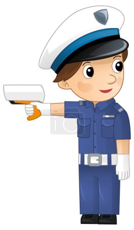 Photo for Cartoon character policeman boy at work measuring speed on street isolated illustration for childlren - Royalty Free Image