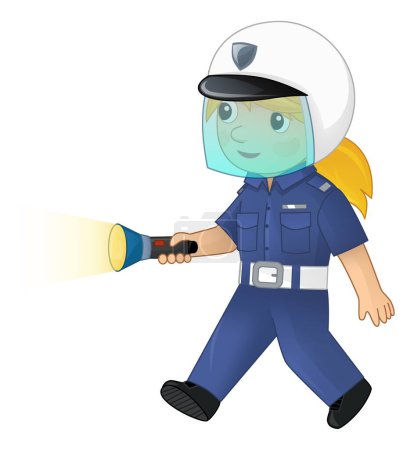 Téléchargez les photos : Personnage de bande dessinée policier fille au travail avec menottes et casque illustration isolée pour enfant - en image libre de droit