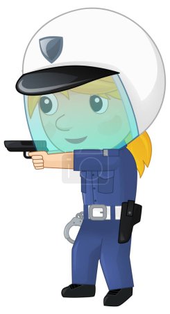 Photo for Cartoon character policeman girl at work with handcuffs and helmet isolated illustration for childlren - Royalty Free Image