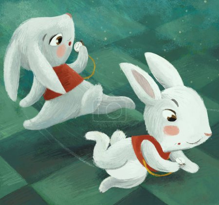 Téléchargez les photos : Scène de dessin animé avec lapin lièvre courir sur le château comme illustration au sol avec des enfants - en image libre de droit