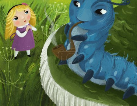 Foto de Escena de dibujos animados con niña hablando con gusano mágico oruga animal que está fumando pipa en el bosque ilustración para niños - Imagen libre de derechos