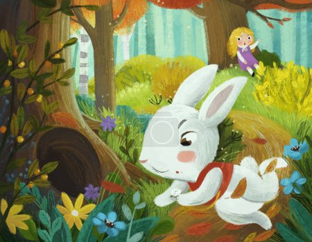 Photo for Cartoon scene with little girl seeing nobleman rabbit running to the hidden hole in the tree in the forest illustration for kids - Royalty Free Image