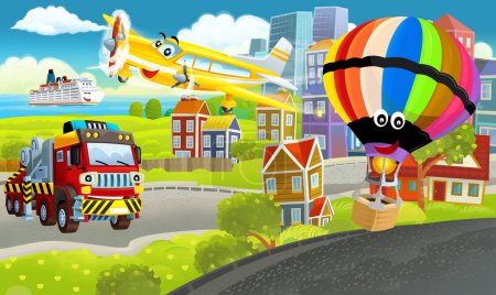Téléchargez les photos : Dessin animé scène heureuse avec différents véhicules voitures illustration pour enfants - en image libre de droit