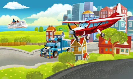 Téléchargez les photos : Dessin animé scène heureuse avec différents véhicules voitures illustration pour enfants - en image libre de droit