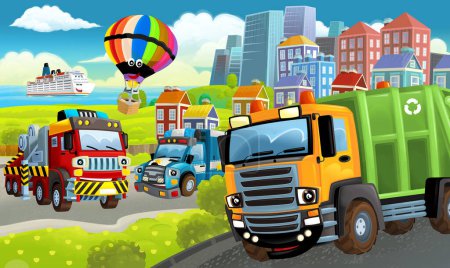 Foto de Dibujos animados escena feliz con diferentes vehículos e ilustración del coche volquete para los niños - Imagen libre de derechos