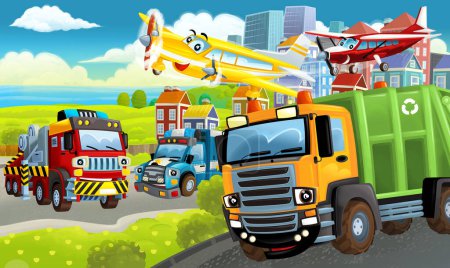 Photo for Cartoon happy scene with different vehicles and dumper car illustration for children - Royalty Free Image