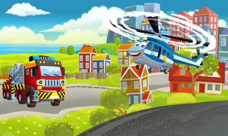 Foto de Dibujos animados escena feliz con diferentes vehículos coches ilustración para niños - Imagen libre de derechos