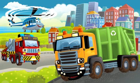 Foto de Dibujos animados escena feliz con diferentes vehículos e ilustración del coche volquete para los niños - Imagen libre de derechos