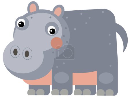 Téléchargez les photos : Scène de dessin animé avec hippopotame heureux hippopotame à la recherche d'illustration isolée pour les enfants - en image libre de droit