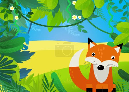 Foto de Escena de dibujos animados con bosque y zorro animal ilustración para niños - Imagen libre de derechos