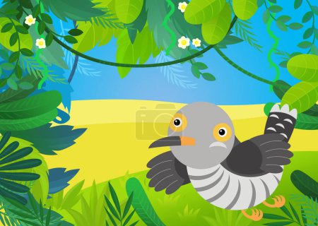 Foto de Escena de dibujos animados con bosque y animal pájaro cuco ilustración para niños - Imagen libre de derechos