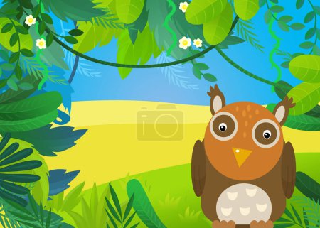 Téléchargez les photos : Scène de dessin animé avec illustration de hibou forestier et animal pour enfants - en image libre de droit