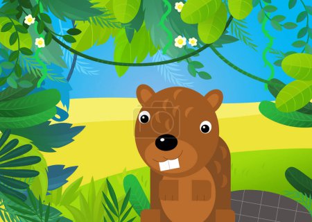 Téléchargez les photos : Scène de dessin animé avec forêt et animal castor illustration pour les enfants - en image libre de droit