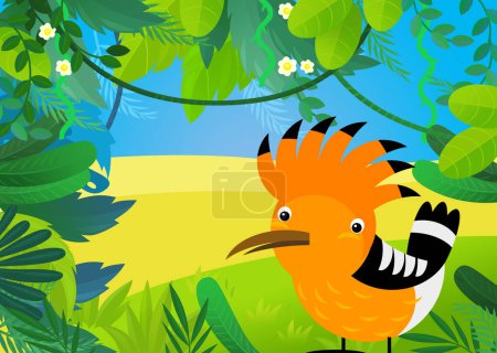 Téléchargez les photos : Scène de dessin animé avec illustration de huppe d'oiseau forestier et animal pour enfants - en image libre de droit