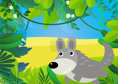 Téléchargez les photos : Scène de dessin animé avec forêt et loup illustration de course pour les enfants - en image libre de droit