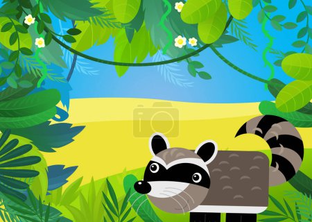 Téléchargez les photos : Scène de dessin animé avec illustration de raton laveur animal et forêt pour enfants - en image libre de droit