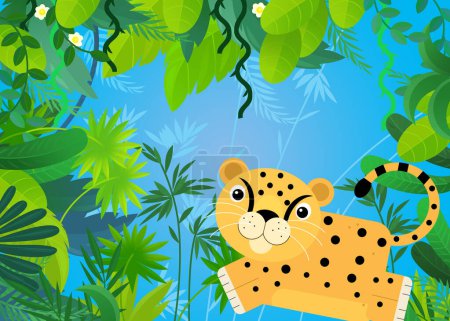 Téléchargez les photos : Scène de dessin animé avec safari animal chat jaguar illustration pour les enfants - en image libre de droit