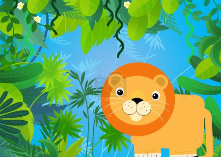 Téléchargez les photos : Scène de dessin animé avec safari animal chat lion illustration pour les enfants - en image libre de droit