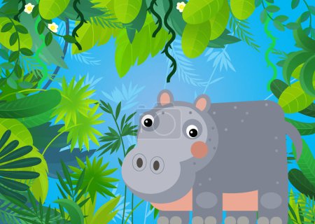 Téléchargez les photos : Scène de dessin animé avec safari animal hippopotame hippopotame illustration pour les enfants - en image libre de droit
