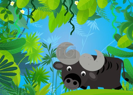 Téléchargez les photos : Scène de dessin animé avec safari animal buffle illustration pour les enfants - en image libre de droit