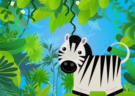 Téléchargez les photos : Scène de dessin animé avec safari animal cheval zèbre illustration pour les enfants - en image libre de droit