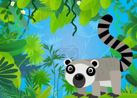 Téléchargez les photos : Scène de dessin animé avec safari animal lémurien illustration pour les enfants - en image libre de droit