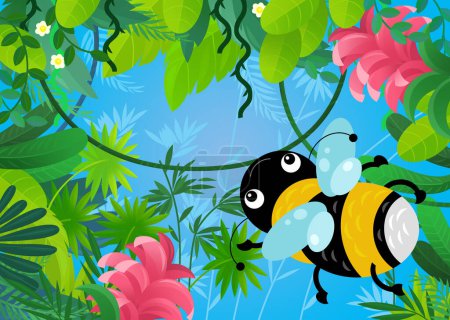 Téléchargez les photos : Scène de dessin animé avec la forêt et animal créature insecte abeille illustration pour les enfants - en image libre de droit