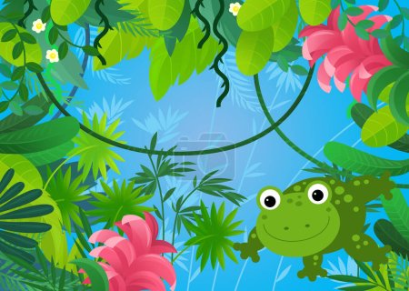 Foto de Escena de dibujos animados con bosque y animal criatura anfibio rana sapo ilustración para niños - Imagen libre de derechos