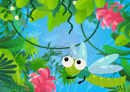 Téléchargez les photos : Scène de dessin animé avec la forêt et animal créature insecte libellule illustration pour les enfants - en image libre de droit