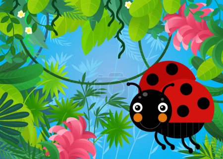 Téléchargez les photos : Scène de dessin animé avec forêt et animal créature insecte coccinelle illustration pour les enfants - en image libre de droit