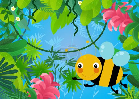 Téléchargez les photos : Scène de dessin animé avec la forêt et animal créature insecte abeille illustration pour les enfants - en image libre de droit