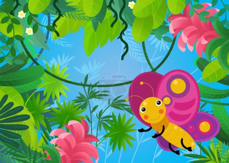 Téléchargez les photos : Scène de dessin animé avec la forêt et animal créature insecte papillon illustration pour les enfants - en image libre de droit