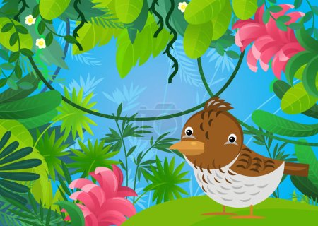 Téléchargez les photos : Scène de dessin animé avec la forêt et animal créature oiseau saindoux illustration pour les enfants - en image libre de droit