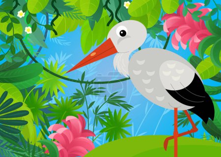 Téléchargez les photos : Scène de dessin animé avec forêt et animal créature oiseau cigogne illustration pour les enfants - en image libre de droit
