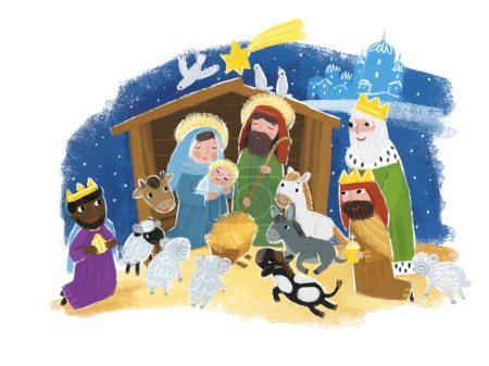 Foto de Ilustración de dibujos animados de la sagrada familia josef mary ilustración escena tradicional para los niños - Imagen libre de derechos