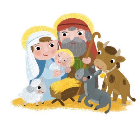 Téléchargez les photos : Illustration de dessin animé de la sainte famille Josef Mary illustration de scène traditionnelle pour les enfants - en image libre de droit