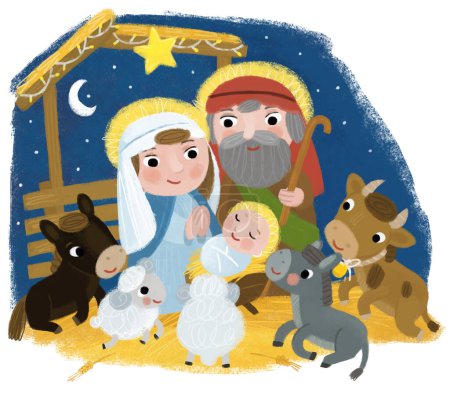 Téléchargez les photos : Illustration de dessin animé de la sainte famille Josef Mary illustration de scène traditionnelle pour les enfants - en image libre de droit