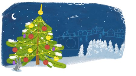 Téléchargez les photos : Dessin animé scène heureuse avec arbre de Noël illustration pour les enfants - en image libre de droit