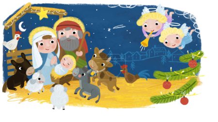 Foto de Ilustración de dibujos animados de la sagrada familia josef mary escena tradicional ilustración para niños - Imagen libre de derechos