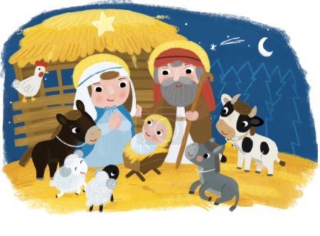 Photo for Cartoon illustration of the holy family josef mary traditional scene illustration for kids - Royalty Free Image