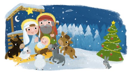 Photo for Cartoon illustration of the holy family josef mary traditional scene illustration for kids - Royalty Free Image
