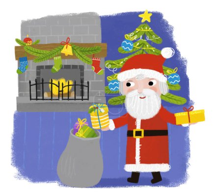 Photo for Cartoon happy christmas scene with cheerful santa visiting house with presents standing near fireplace illustration for kids - Royalty Free Image