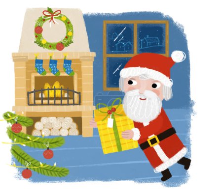 Téléchargez les photos : Dessin animé joyeux Noël scène avec gai Père Noël visite maison avec des cadeaux debout près de la cheminée illustration pour les enfants - en image libre de droit